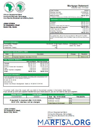 Realistic Benin African Development Bank mortgage statement scr template